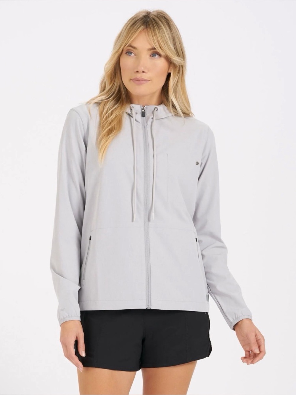 Vuori Women's Outdoor Trainer Shell
Jacket Light Gray Hooded Full Zip
Size: L